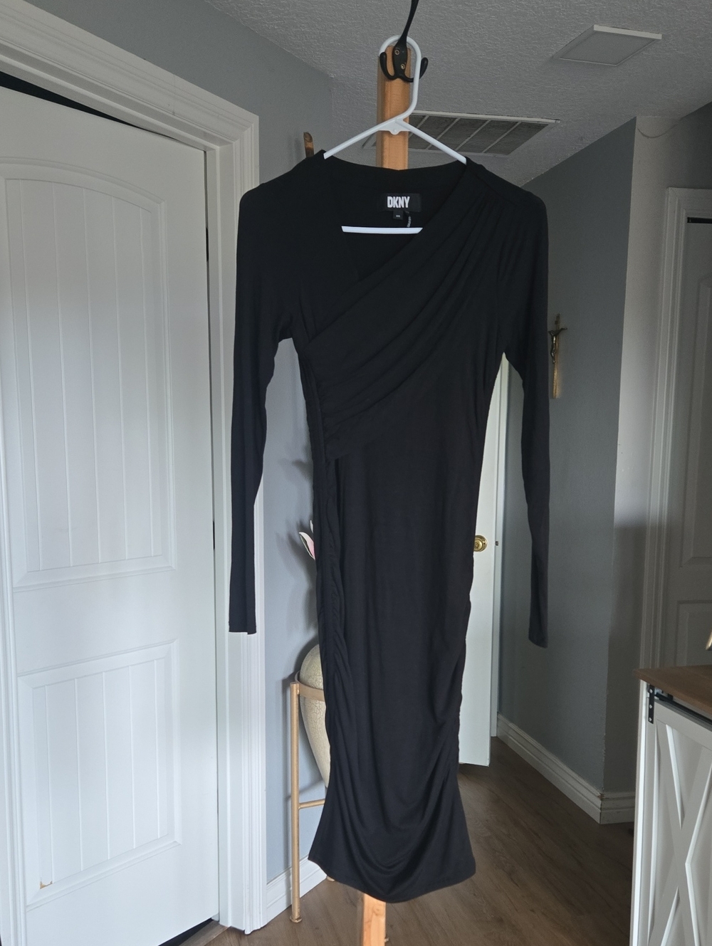 DKNY Black Long Sleeve Wrap-Style Midi Dress